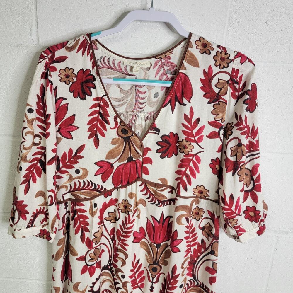 FIG + FLOWER Anthro Floral Red Paisley Tiered Midi Dress Size Small Rayon Boho - Picture 2 of 8